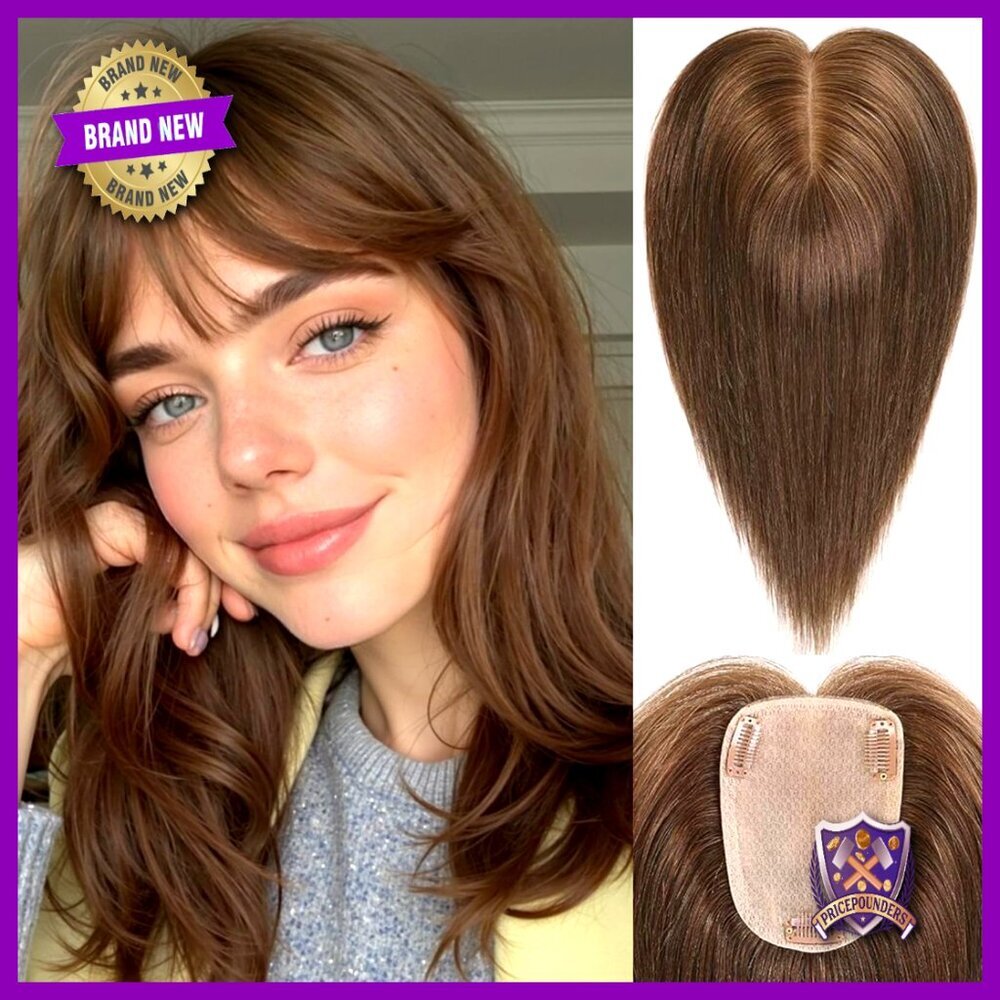 Human Hair Topper With Bangs Silk Base Clip Design Thinning Hair Cover